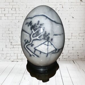 Vintage Hand Carved And Painted Marble Egg Art with Scenic Design Size 2.5 In